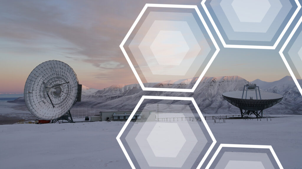 Decorative image with graphic elements on top of a picture of EISCAT Svalbard Radar